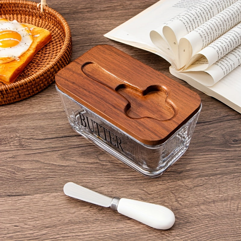 Acacia Wood Lid Glass Butter Dish with Spreader | Thick Glass Butter Keeper