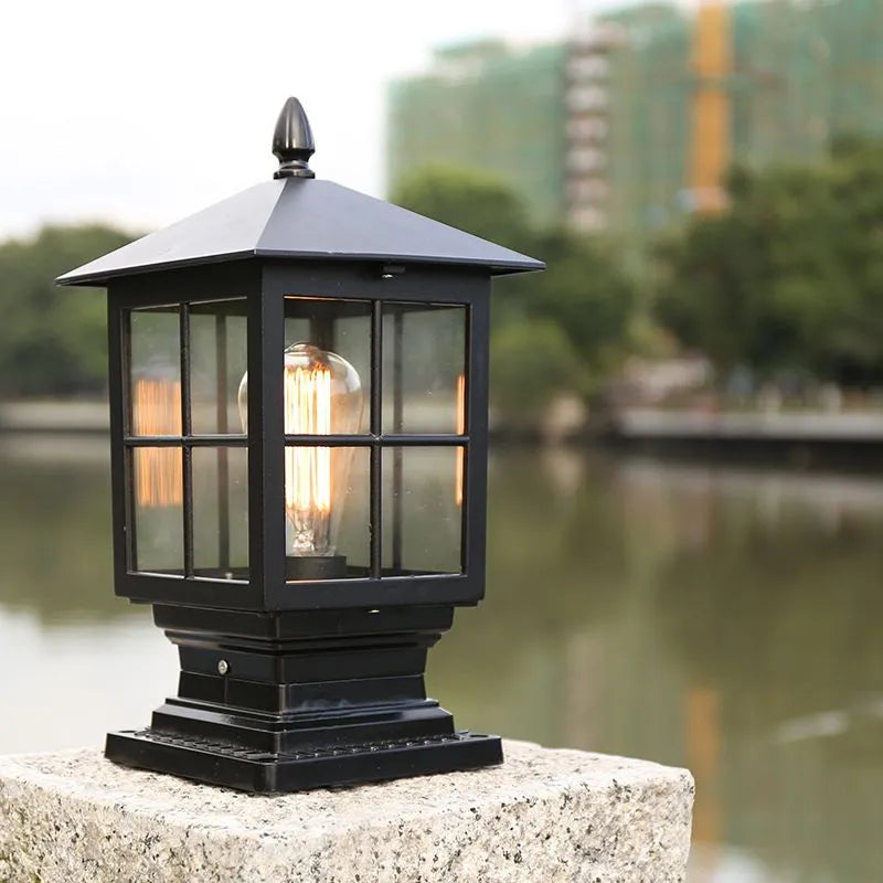 Elegant Outdoor Pillar Light | Black Metal Lantern Design for Timeless Illumination 0