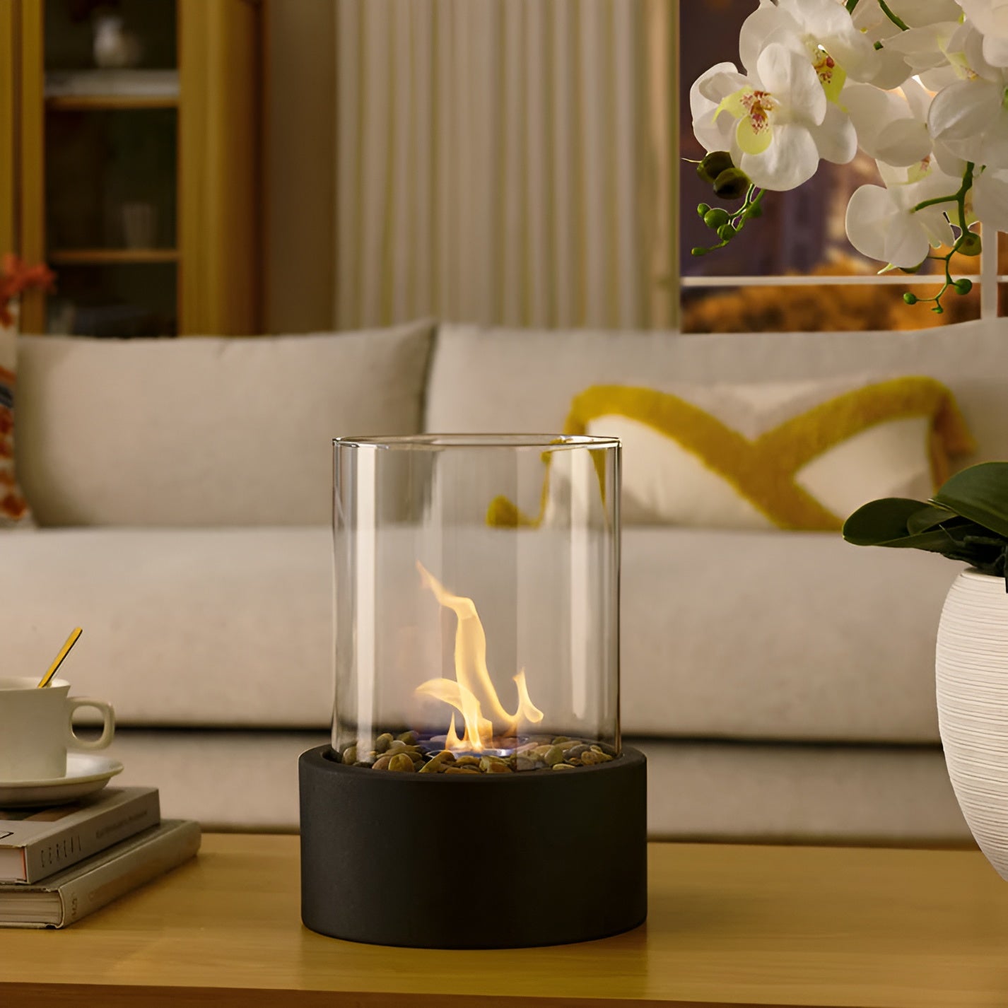 Tabletop Ethanol Fireplace | Glass Cylinder Fire Pit