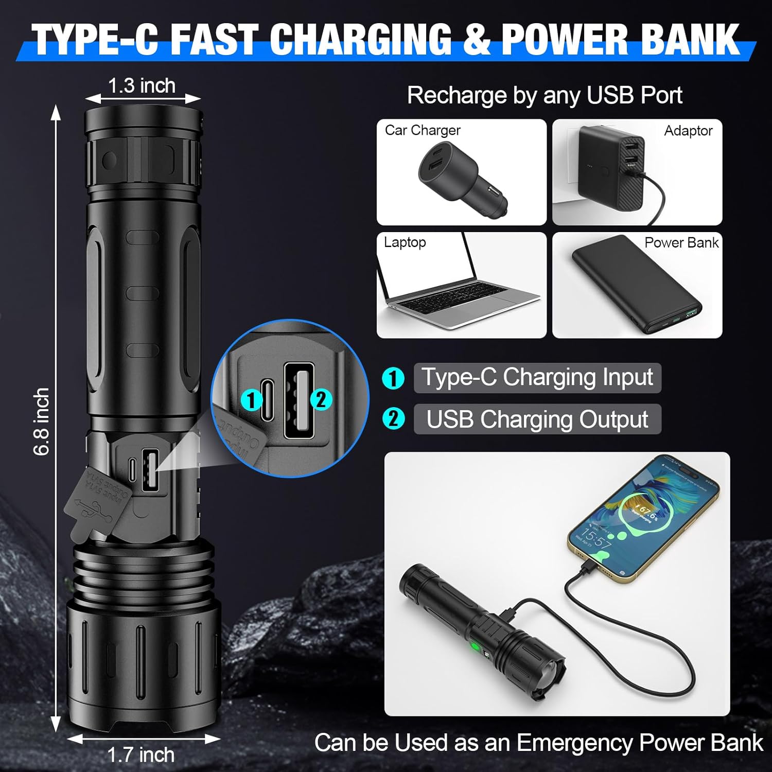Tactical Torch Light | 100,000 Lumens LED Flashlight with Power Bank | Waterproof Design for Outdoor Safety 5
