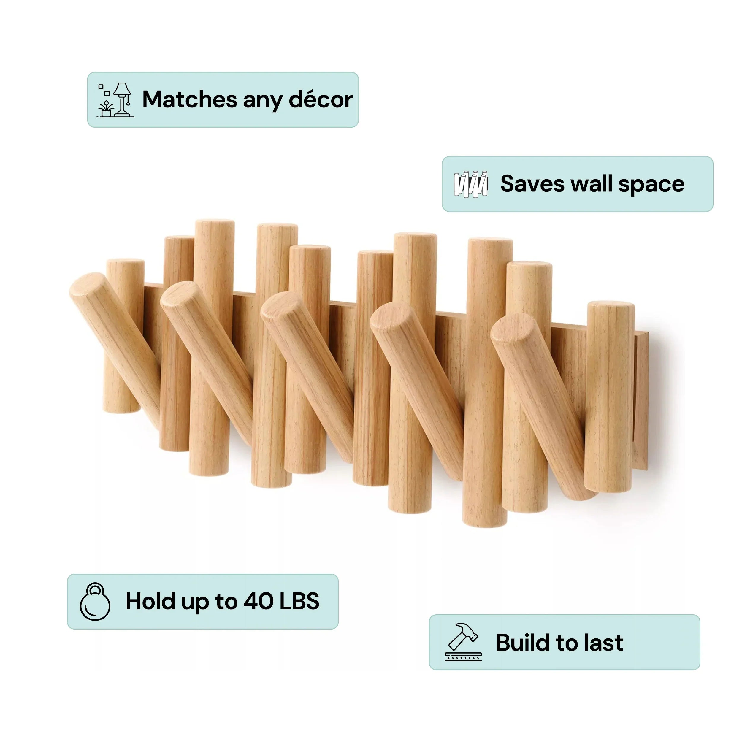 Wooden Wall Coat Rack | Fold-Down Hook Storage
