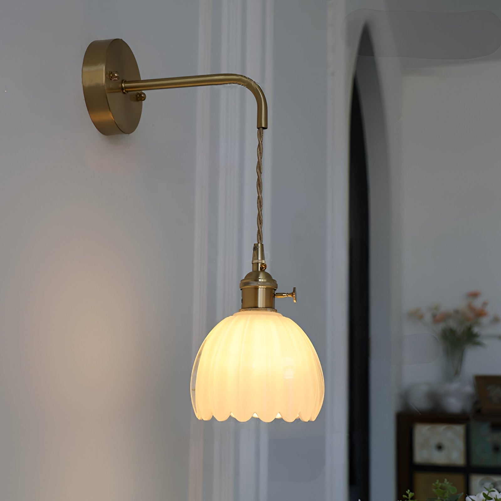 Modern Glass Wall Sconce | Pink Ribbed Shade & Brushed Gold Finish